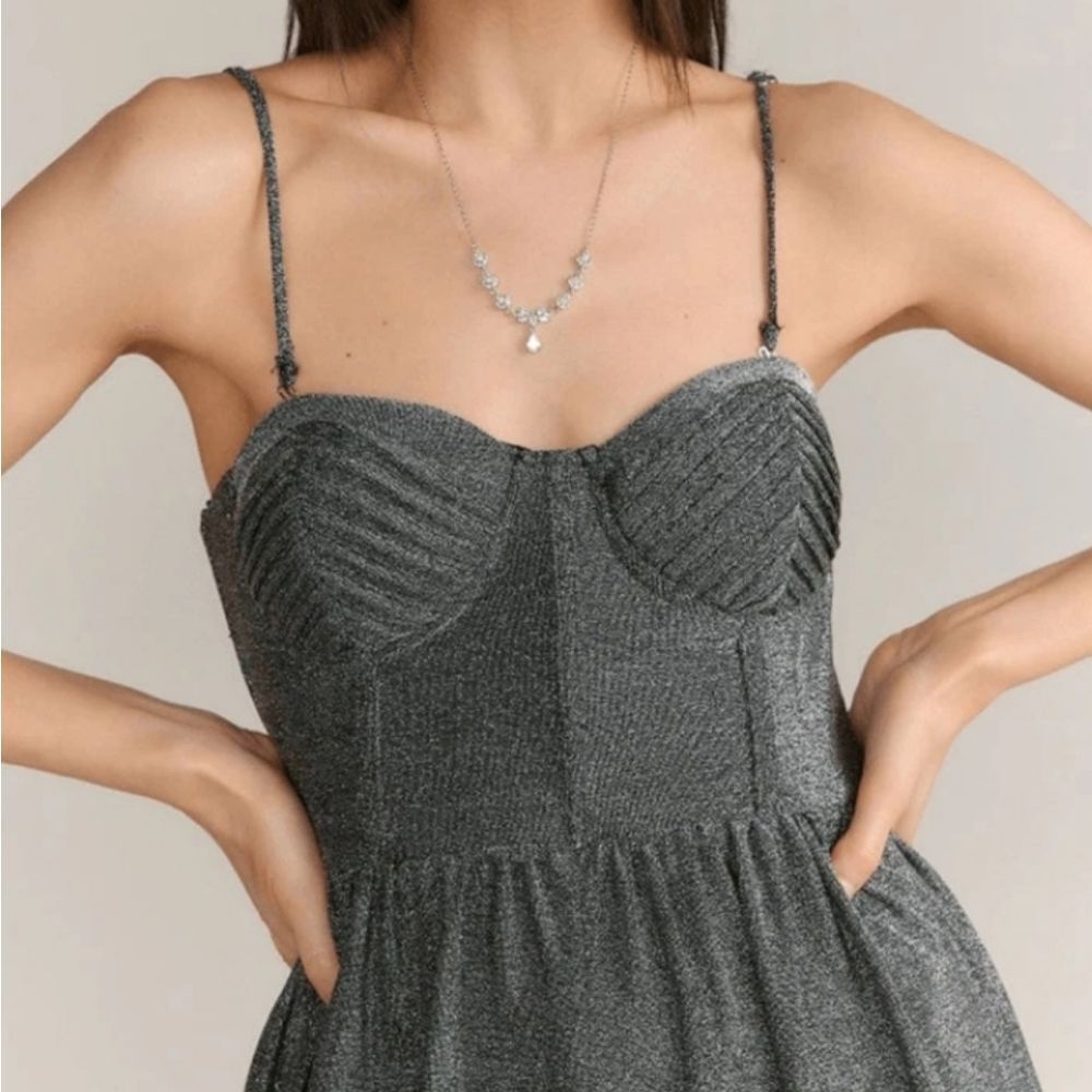 Lena Lurex Metallic Silver‎ Corset Bustier Midi Dress Size XL Cocktail Shimmer